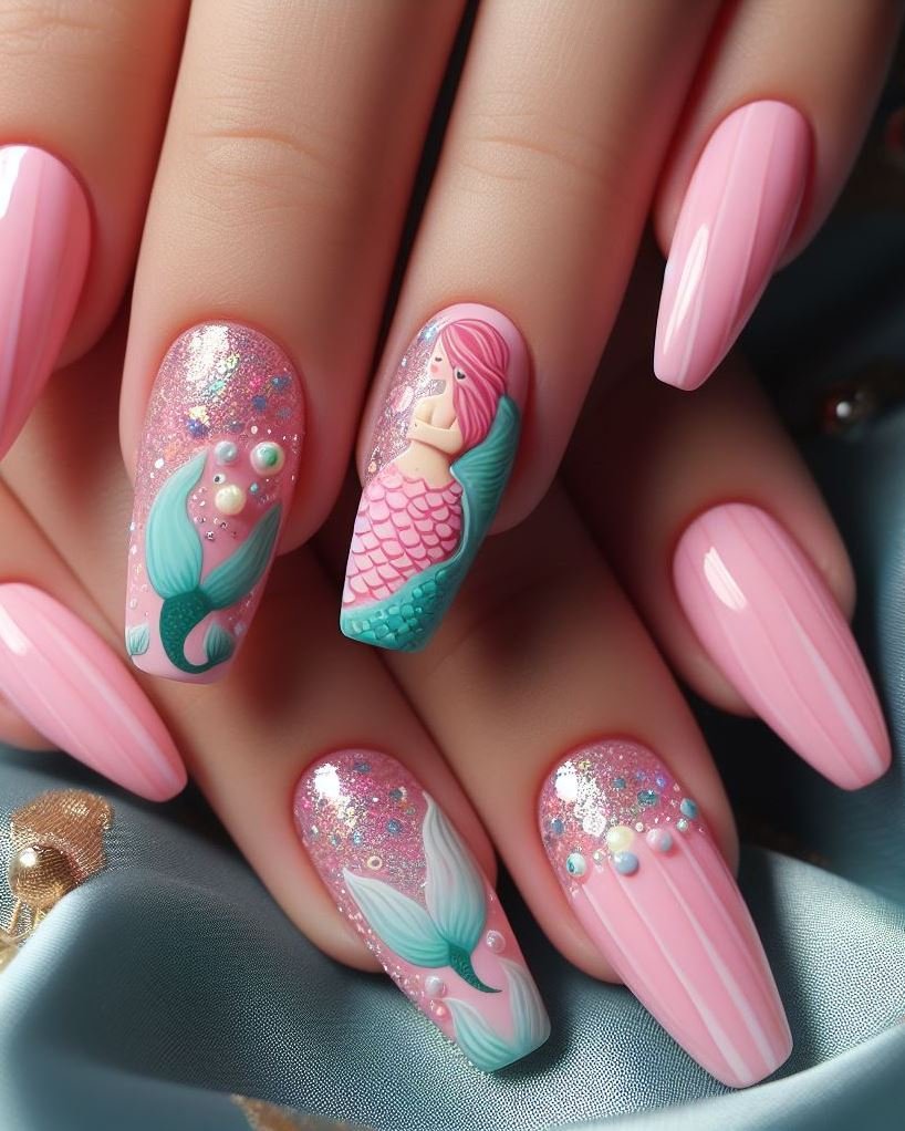 15+ Mesmerizing Mermaid Nail Art Ideas: Dive into Ocean Vibes | Pocoko Transform your nails into a mermaid’s dream with these pink designs. Perfect for those who love a little sparkle and shine.