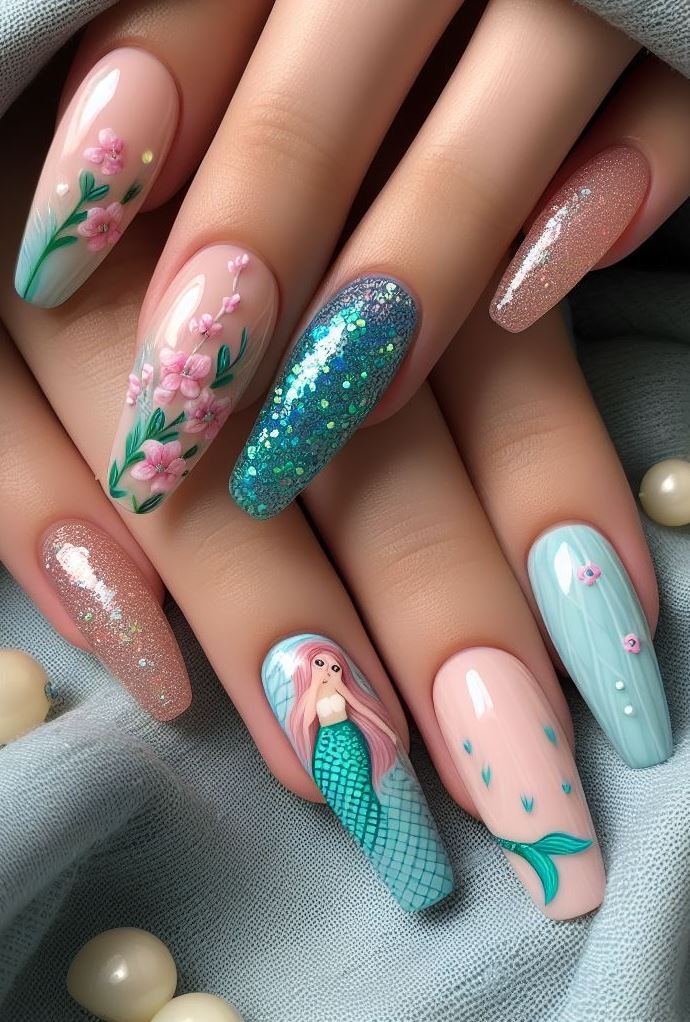 15+ Mesmerizing Mermaid Nail Art Ideas: Dive into Ocean Vibes | Pocoko Channel your inner sea goddess with these pink mermaid nails. They’re fin-tastic and oh-so-glamorous!