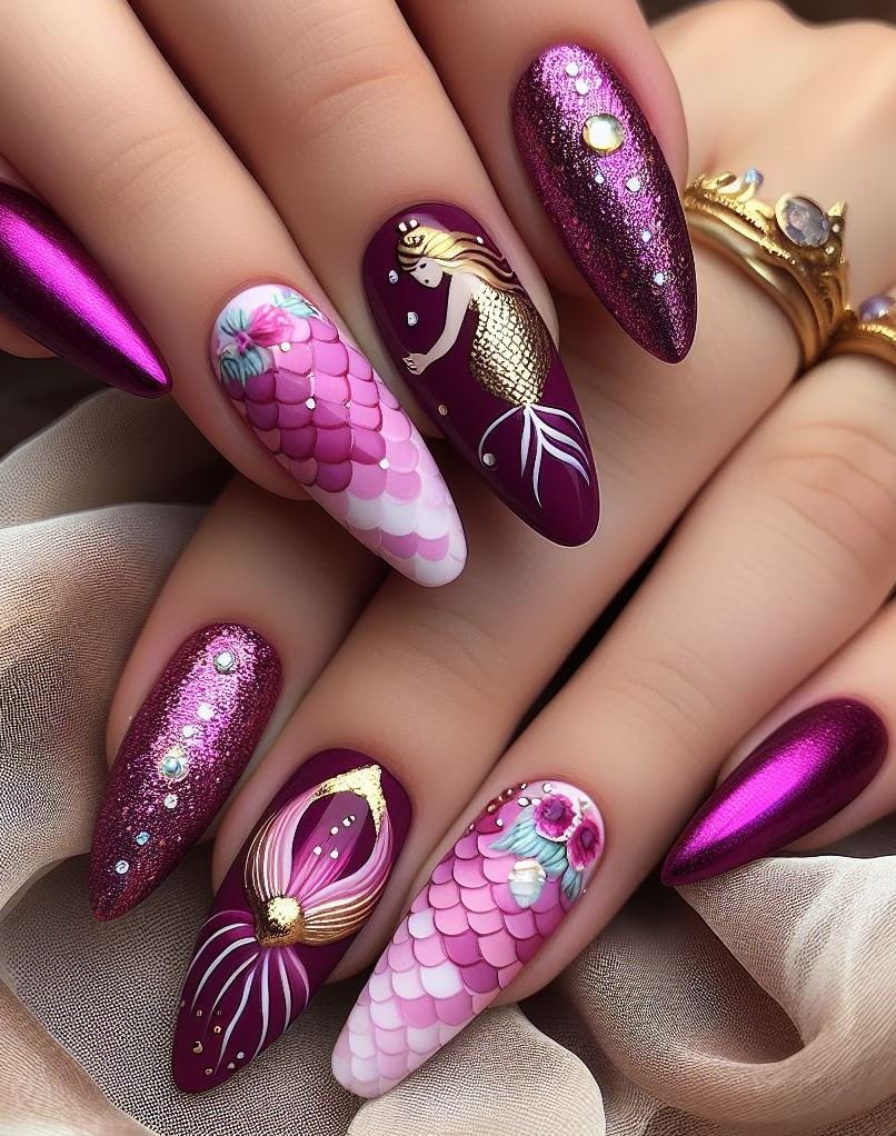 15+ Mesmerizing Mermaid Nail Art Ideas: Dive into Ocean Vibes | Pocoko Add a touch of magic to your everyday look with these purple and magenta mermaid nails. They're like a little piece of paradise.
