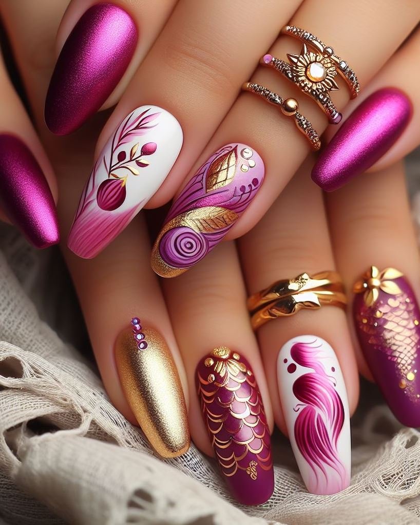 15+ Mesmerizing Mermaid Nail Art Ideas: Dive into Ocean Vibes | Pocoko Embrace your inner mermaid with this stunning purple and magenta nail art. It's like wearing a piece of the ocean on your hands.