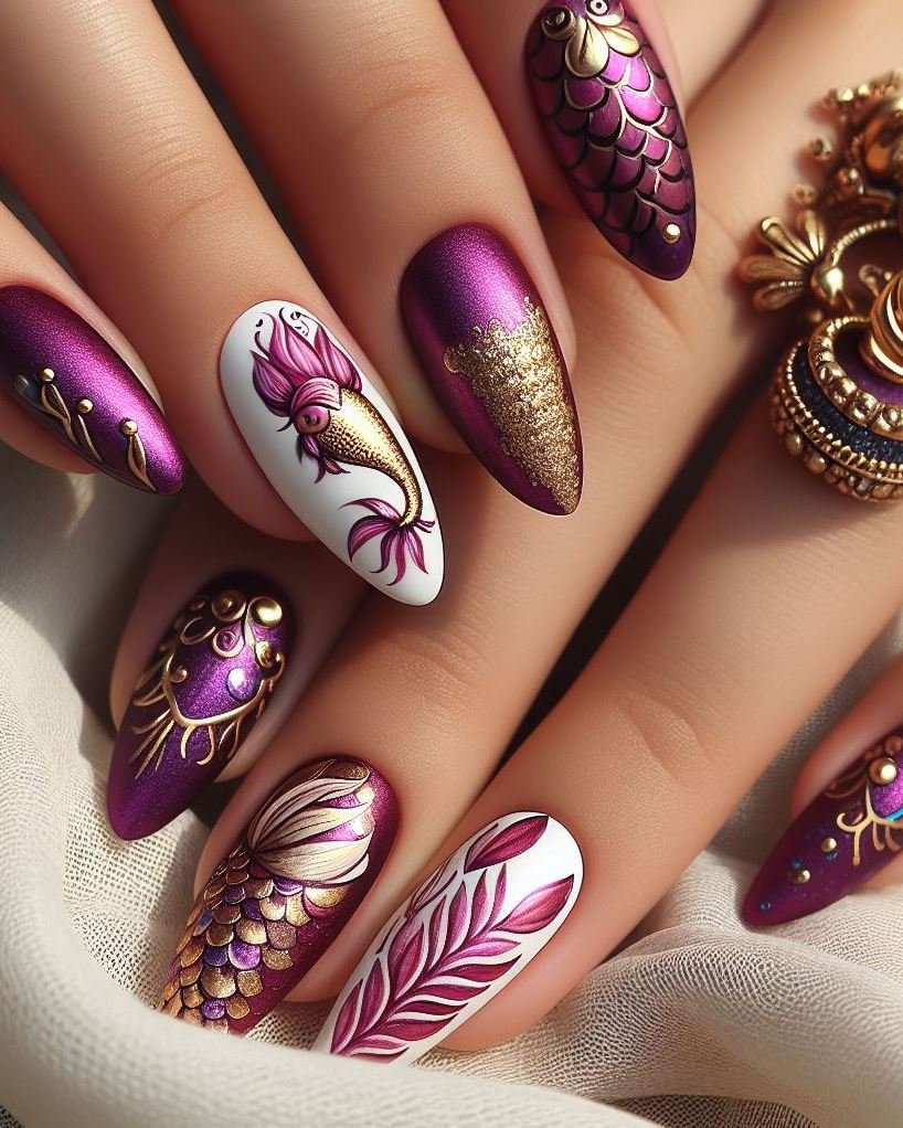 15+ Mesmerizing Mermaid Nail Art Ideas: Dive into Ocean Vibes | Pocoko Purple and magenta mermaid nails: a perfect blend of mystery and magic. Let your nails tell a story.
