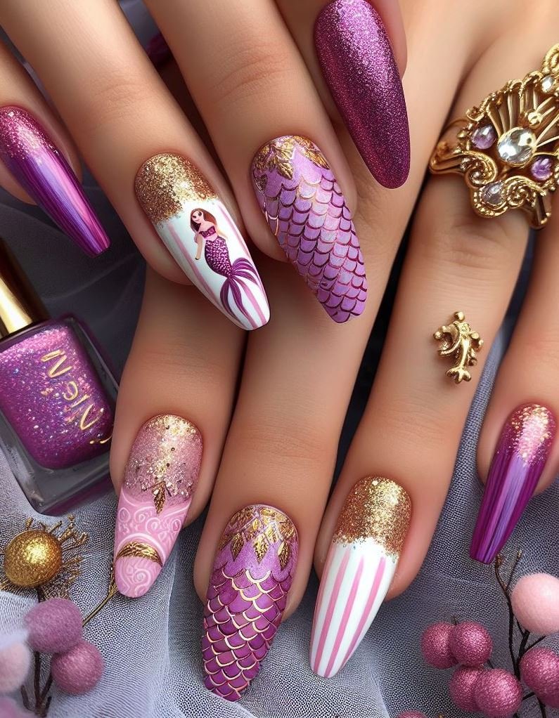 15+ Mesmerizing Mermaid Nail Art Ideas: Dive into Ocean Vibes | Pocoko Make a splash with this vibrant purple and magenta mermaid design. It's the perfect way to add a pop of color to your look.