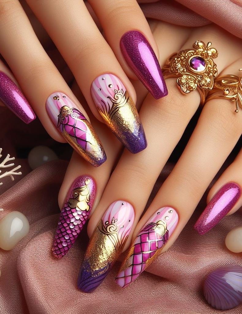 15+ Mesmerizing Mermaid Nail Art Ideas: Dive into Ocean Vibes | Pocoko Dive into a world of enchantment with these purple and magenta mermaid nails. They're like a dream come true.