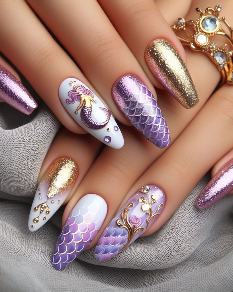 15+ Mesmerizing Mermaid Nail Art Ideas: Dive into Ocean Vibes | Pocoko Get ready to turn heads with these eye-catching purple and magenta mermaid nails. They're perfect for the fashion-forward.
