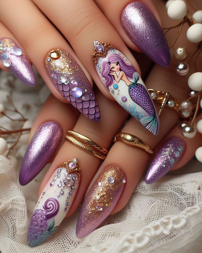 15+ Mesmerizing Mermaid Nail Art Ideas: Dive into Ocean Vibes | Pocoko Feel like royalty with these luxurious purple and magenta mermaid nails. They're pure indulgence.