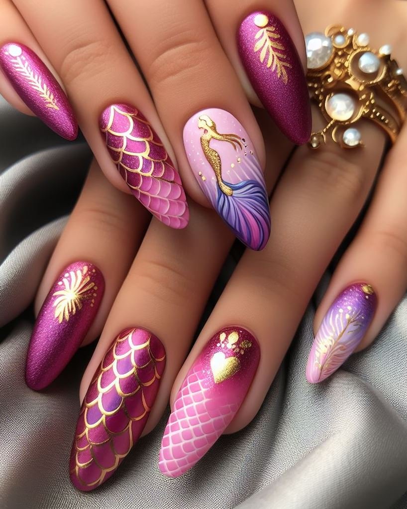 15+ Mesmerizing Mermaid Nail Art Ideas: Dive into Ocean Vibes | Pocoko Unleash your inner mermaid with these vibrant purple and magenta nails. Shimmery scales and playful patterns will make you feel like royalty.
