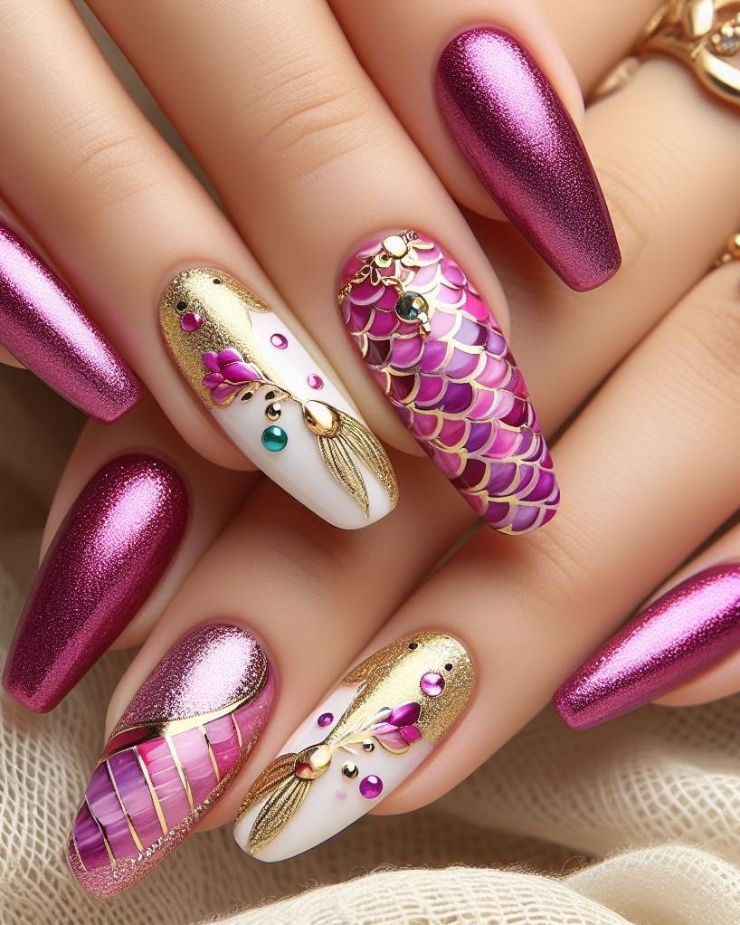 15+ Mesmerizing Mermaid Nail Art Ideas: Dive into Ocean Vibes | Pocoko Magenta magic meets purple perfection. This stunning nail art is like a piece of art on your fingertips.
