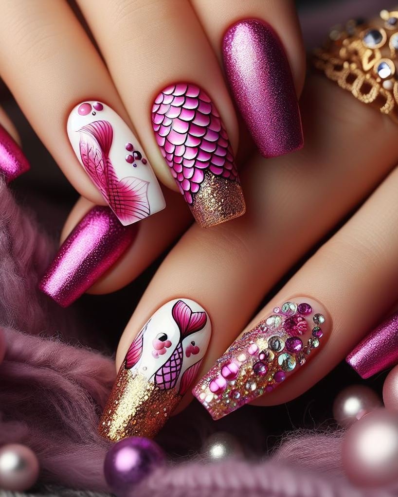 15+ Mesmerizing Mermaid Nail Art Ideas: Dive into Ocean Vibes | Pocoko Mermaid dreams in purple and magenta. These nails are the perfect blend of dreamy and daring.