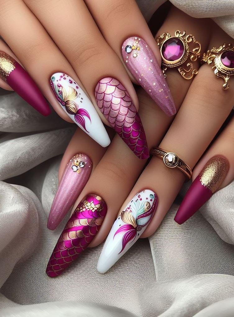 15+ Mesmerizing Mermaid Nail Art Ideas: Dive into Ocean Vibes | Pocoko Dive into a world of color with these purple and magenta mermaid nails. They're sure to turn heads wherever you go.