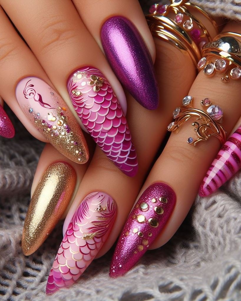 15+ Mesmerizing Mermaid Nail Art Ideas: Dive into Ocean Vibes | Pocoko Purple and magenta: a match made in mermaid heaven. This nail art is pure fantasy.