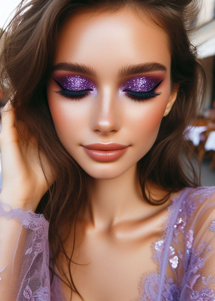 Glitter Glam: Embrace a touch of sparkle with a brown base eyeshadow and a glittery purple lid shade. This playful combination adds a touch of fun and festivity to your makeup look.