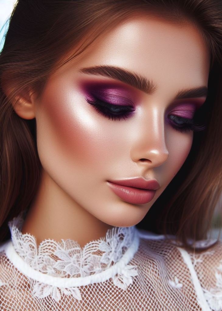 Cut Crease Couture: Define your crease with a deep brown eyeshadow and blend a light, shimmery purple shade onto the lid. This cut-crease technique adds dimension and drama to your eye makeup.