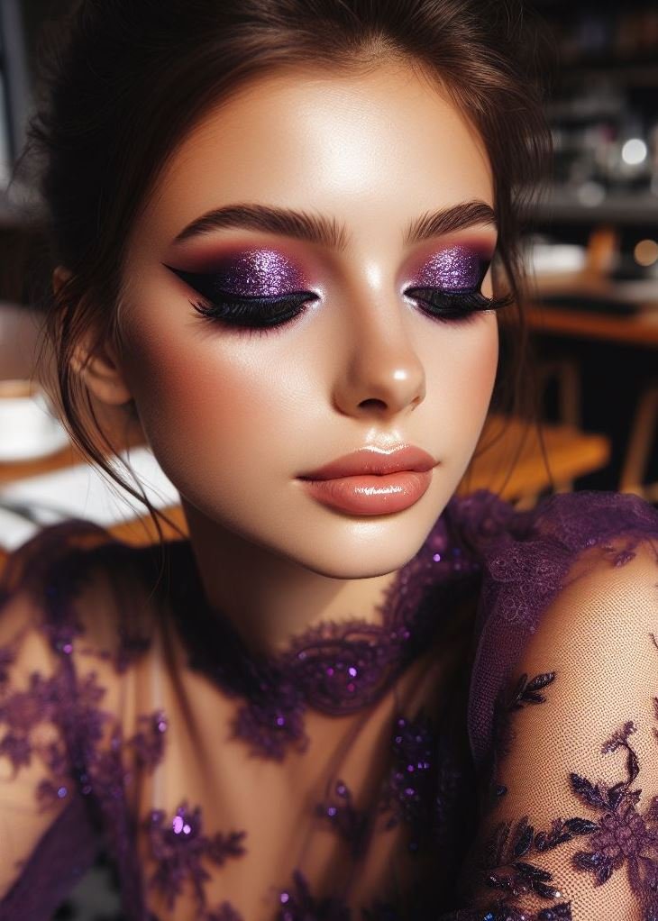 Foiled Fantasy: Elevate your purple and brown eyeshadow look with a touch of luxury! Use a foiled purple shadow on the lid, paired with a rich brown base and a shimmery highlight on the brow bone.