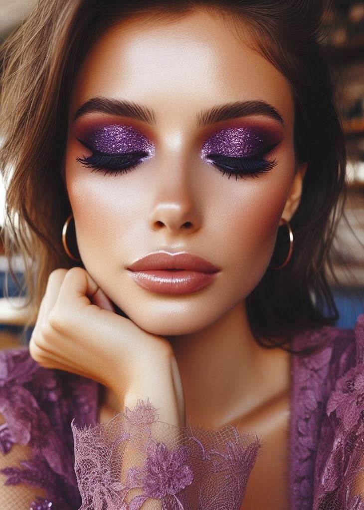 Subtle Shimmer: Enhance your natural beauty with a blend of soft brown eyeshadows and a hint of shimmery purple in the inner corner of the eye. This subtle look adds a touch of sparkle and awakens your eyes.