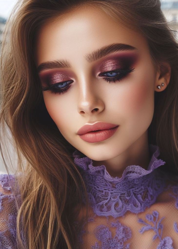 Copper & Amethyst: Create a warm and sophisticated look with a copper brown base and a rich amethyst purple eyeshadow on the lid. This luxurious combination is perfect for fall or winter makeup looks.