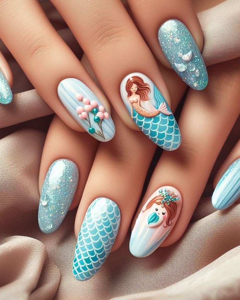 15+ Mesmerizing Mermaid Nail Art Ideas: Dive into Ocean Vibes | Pocoko Dive into the sky with these enchanting blue mermaid nails. Perfect for those who dream of both the sea and the sky!