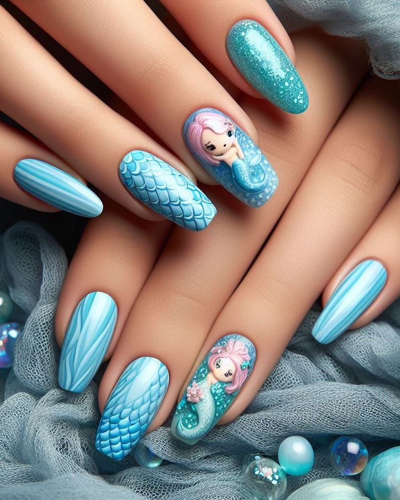15+ Mesmerizing Mermaid Nail Art Ideas: Dive into Ocean Vibes | Pocoko These sky blue mermaid nails are the ultimate in ocean-inspired glamour. Perfect for those who dream of the sea and the sky.