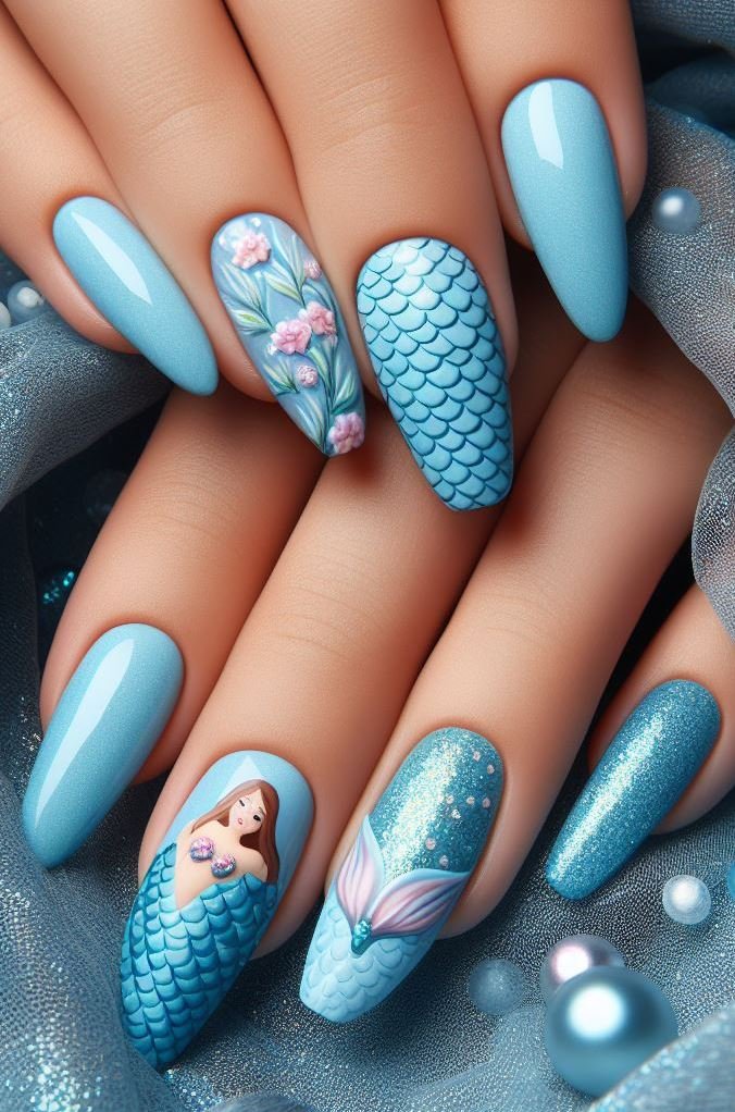 15+ Mesmerizing Mermaid Nail Art Ideas: Dive into Ocean Vibes | Pocoko Make your nails a work of art with these sky blue mermaid designs. They’re sure to make a splash and turn heads!