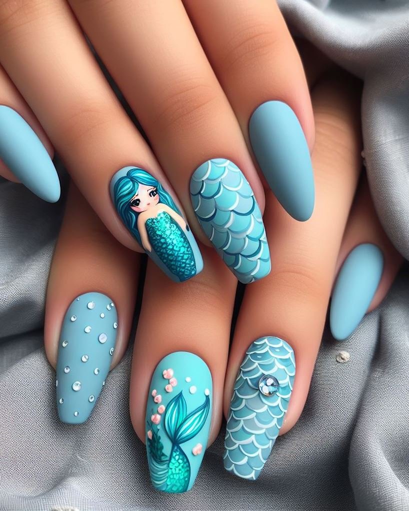15+ Mesmerizing Mermaid Nail Art Ideas: Dive into Ocean Vibes | Pocoko Why settle for ordinary nails when you can have mermaid nails? These sky blue designs are sure to make a splash!