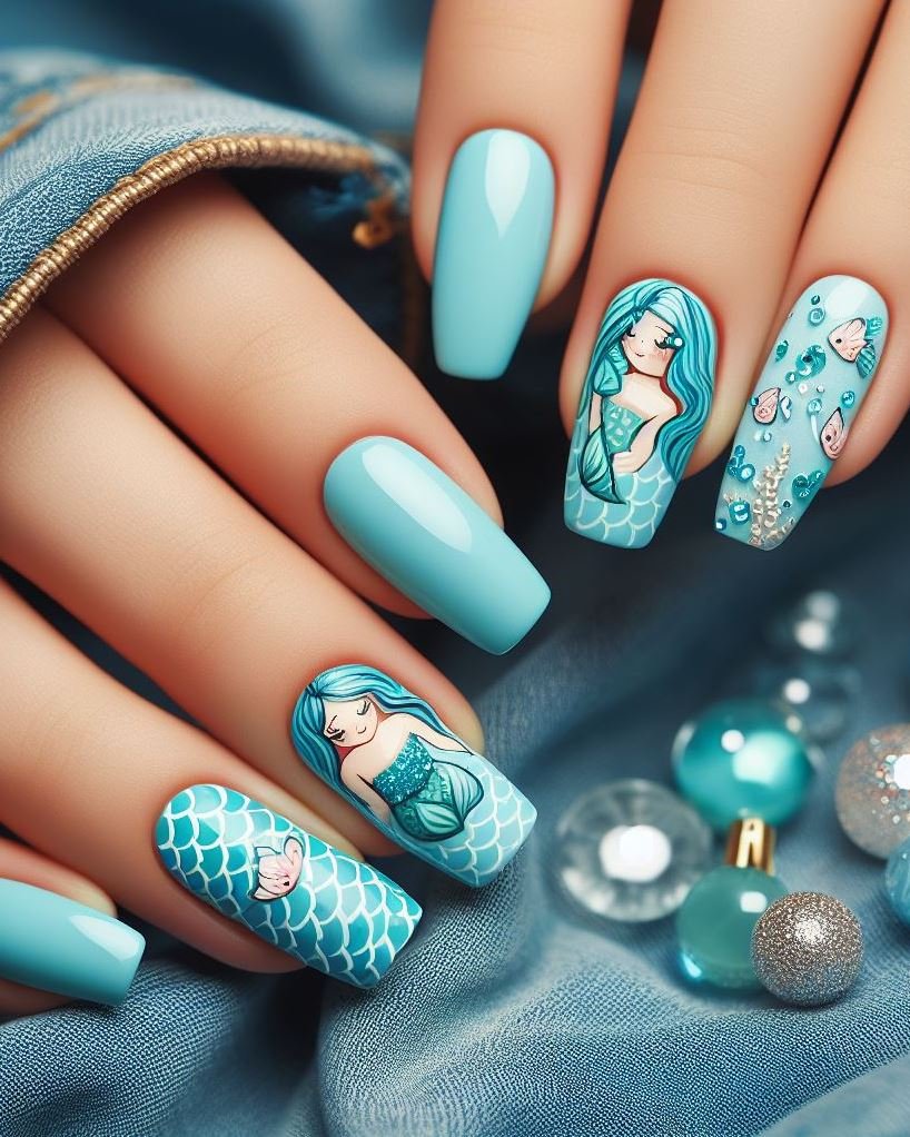 15+ Mesmerizing Mermaid Nail Art Ideas: Dive into Ocean Vibes | Pocoko Make a splash with these sky blue mermaid nails. They’re the perfect blend of ocean magic and airy elegance.