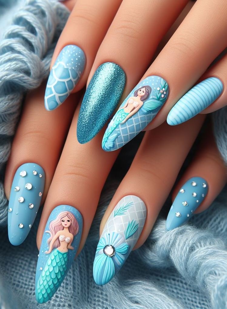 15+ Mesmerizing Mermaid Nail Art Ideas: Dive into Ocean Vibes | Pocoko Transform your nails into a mermaid’s paradise with these sky blue designs. Because every mermaid needs a touch of the sky!