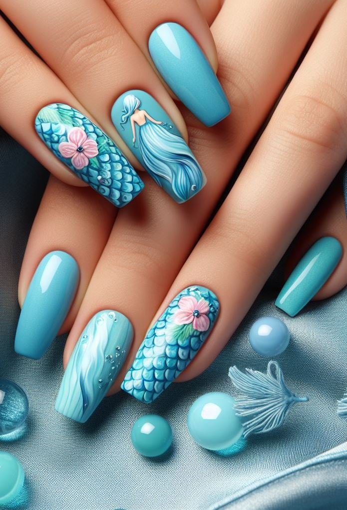 15+ Mesmerizing Mermaid Nail Art Ideas: Dive into Ocean Vibes | Pocoko Turn your nails into a mermaid’s dream with these sky blue designs. Perfect for adding a splash of color to your day.
