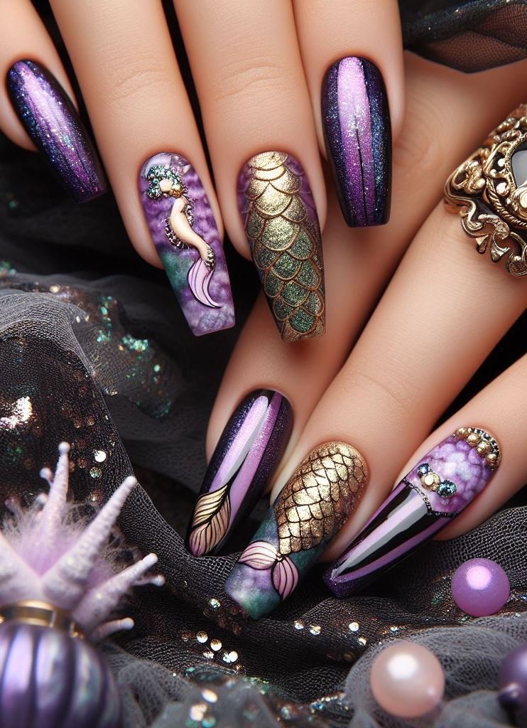 15+ Mesmerizing Mermaid Nail Art Ideas: Dive into Ocean Vibes | Pocoko Violet dreams! These mermaid nails are like a piece of twilight sky on your fingertips.