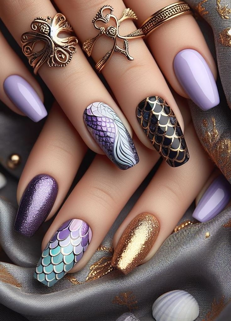 15+ Mesmerizing Mermaid Nail Art Ideas: Dive into Ocean Vibes | Pocoko Dive into a world of enchantment with these violet mermaid nails. They're mysterious, magical, and totally mesmerizing.
