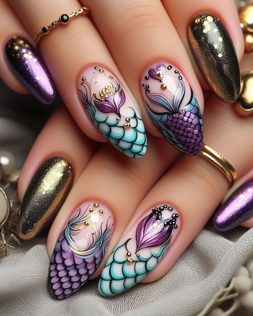 15+ Mesmerizing Mermaid Nail Art Ideas: Dive into Ocean Vibes | Pocoko Violet vibes only! These mermaid nails are the epitome of elegance and sophistication.