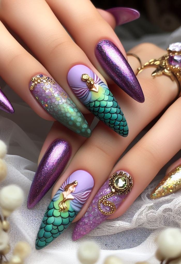 15+ Mesmerizing Mermaid Nail Art Ideas: Dive into Ocean Vibes | Pocoko Channel your inner mermaid with this dreamy violet nail design. It's like having a piece of the ocean on your hands.