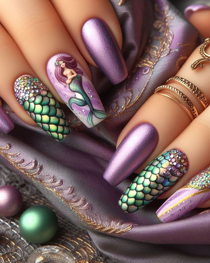 15+ Mesmerizing Mermaid Nail Art Ideas: Dive into Ocean Vibes | Pocoko Violet mermaid nails: perfect for the mysterious and magical. Let your nails tell a story.