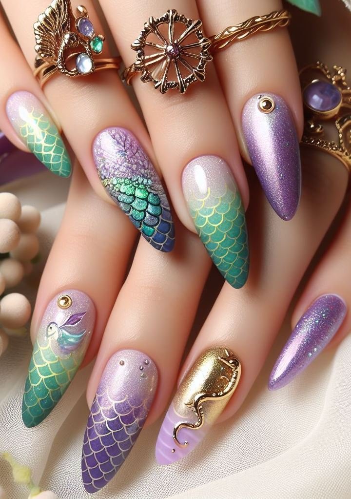 15+ Mesmerizing Mermaid Nail Art Ideas: Dive into Ocean Vibes | Pocoko Make a statement with these bold and beautiful violet mermaid nails. They're sure to turn heads.