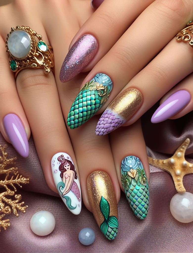 15+ Mesmerizing Mermaid Nail Art Ideas: Dive into Ocean Vibes | Pocoko Violet mermaid nails: the perfect blend of feminine and fierce. They're strong, independent, and totally fabulous.