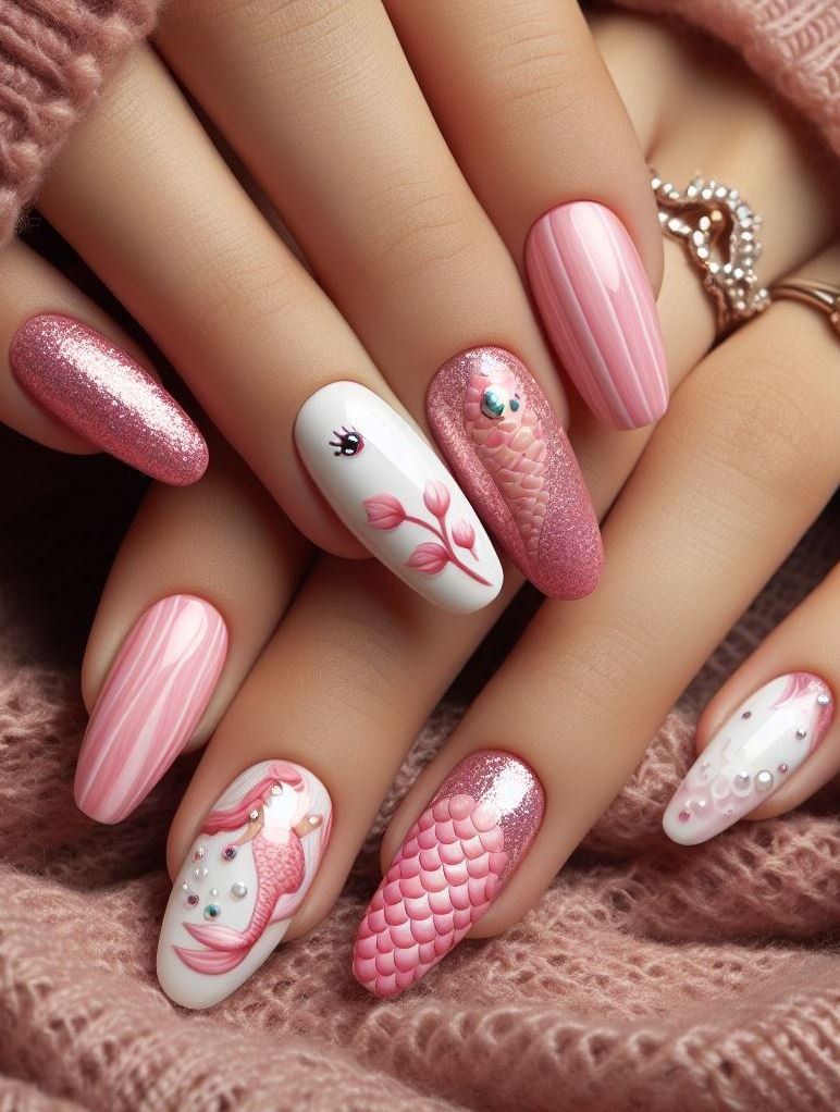 15+ Mesmerizing Mermaid Nail Art Ideas: Dive into Ocean Vibes | Pocoko Dive into elegance with these white and baby pink mermaid nails. Perfect for adding a touch of oceanic charm to your everyday look!