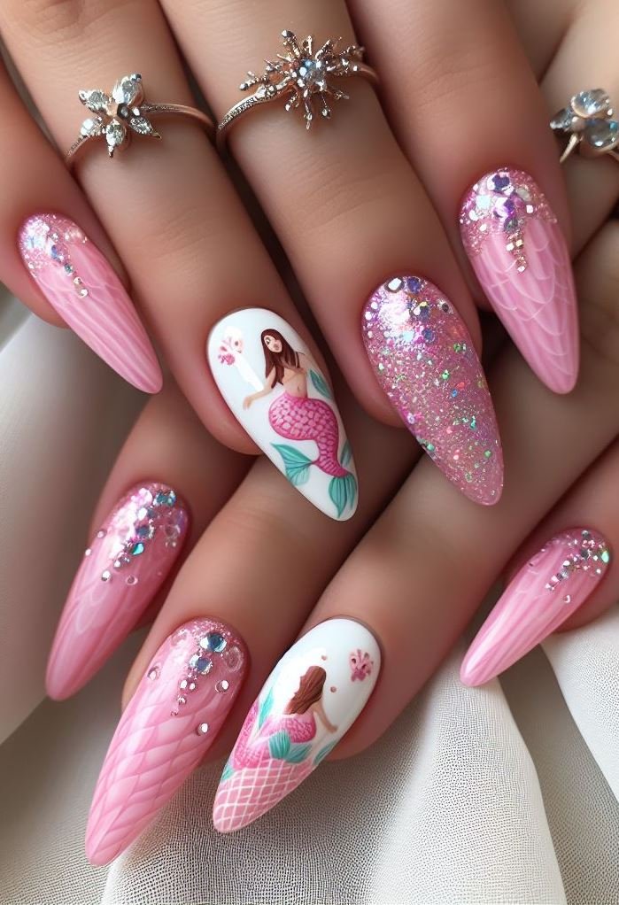 15+ Mesmerizing Mermaid Nail Art Ideas: Dive into Ocean Vibes | Pocoko Make waves with these stunning white and baby pink mermaid nails. Perfect for adding a touch of magic to your look!