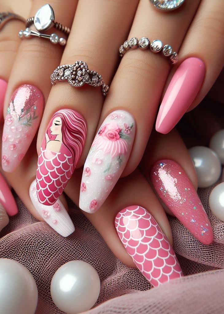 15+ Mesmerizing Mermaid Nail Art Ideas: Dive into Ocean Vibes | Pocoko Transform your look with these enchanting white and baby pink mermaid nails. A chic and playful way to embrace the mermaid trend!