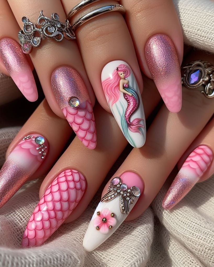 15+ Mesmerizing Mermaid Nail Art Ideas: Dive into Ocean Vibes | Pocoko Channel your inner sea goddess with these stunning white and baby pink mermaid nails. The perfect blend of whimsy and sophistication!