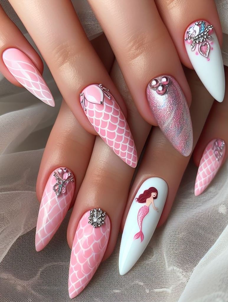 15+ Mesmerizing Mermaid Nail Art Ideas: Dive into Ocean Vibes | Pocoko Get ready to dazzle with these white and baby pink mermaid nails. Perfect for adding a hint of fantasy to your style!