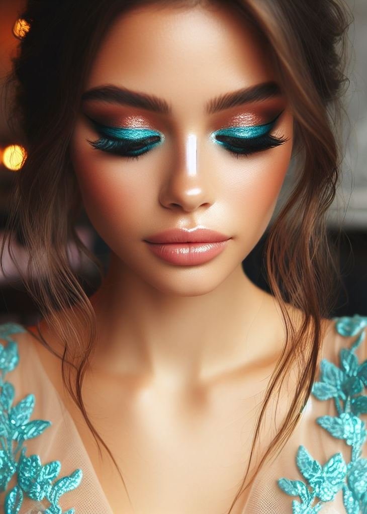 Aquamarine liner flicked out like a siren’s tail, surrounded by warm chestnut tones. You’re the enchantress! 🧜‍♀️🔥