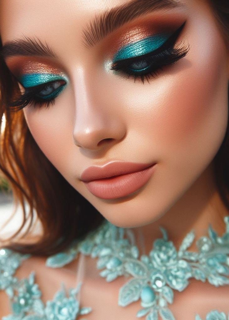 Aquamarine liner flicked out like a siren’s tail, surrounded by warm chestnut tones. You’re the enchantress! 🧜‍♀️🔥