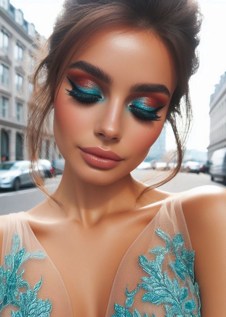 Aquamarine shimmer on the inner corners, paired with a warm cinnamon crease. Spice up your gaze! 🔥🌟