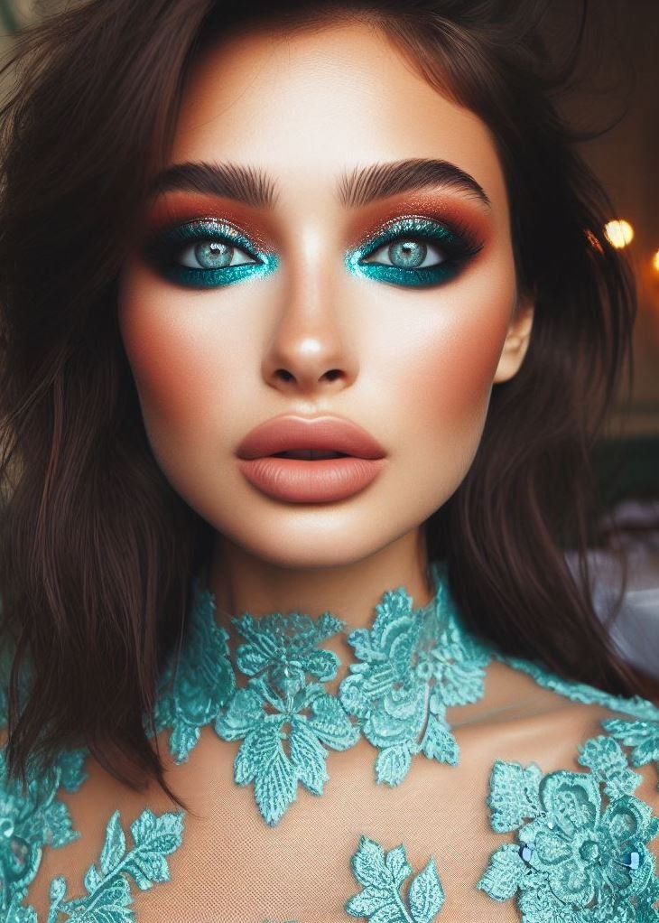 Aquamarine smudged along the lower lash line, paired with a sultry brown smoky eye. It’s all about balance! 🔥🌊