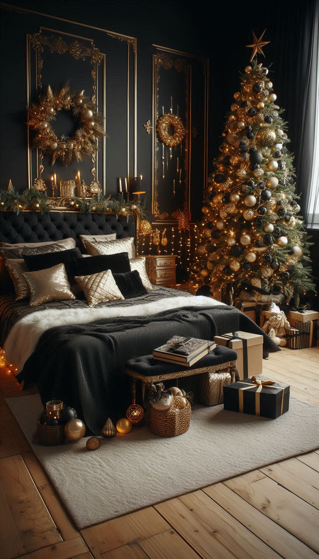 Christmas Bedroom Decorations: 95+ Absolutely Stunning Ideas | Pocoko Elevate your holiday style with black and golden Christmas bedroom decorations. Sleek, luxurious, and utterly festive!