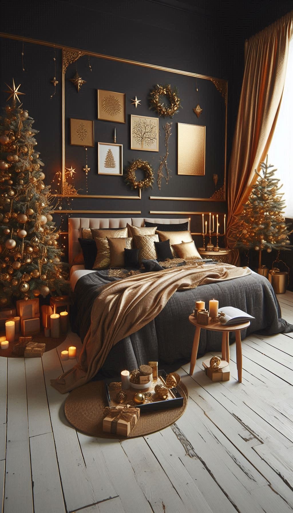 Christmas Bedroom Decorations: 95+ Absolutely Stunning Ideas | Pocoko Transform your bedroom with elegant black and gold Christmas decorations. Perfect for a sophisticated and festive look!