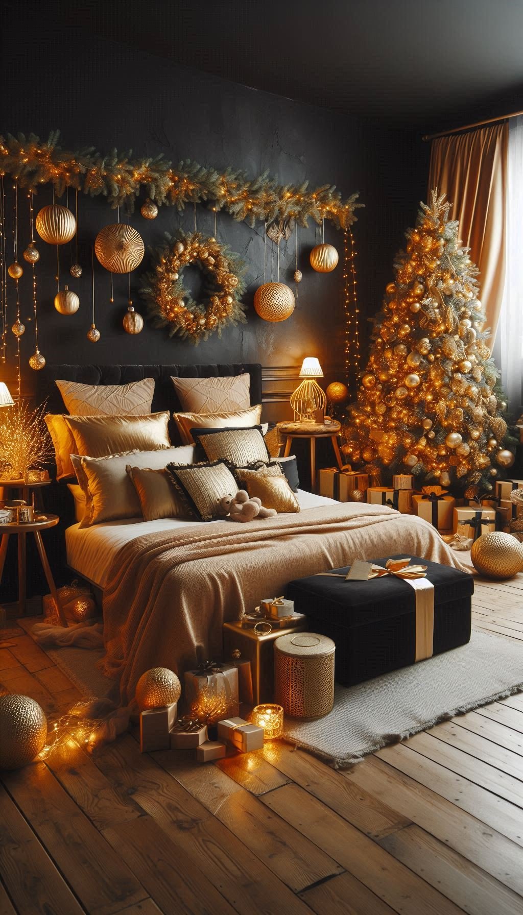 Christmas Bedroom Decorations: 95+ Absolutely Stunning Ideas | Pocoko Add a touch of glamour to your holiday decor with black and golden Christmas decorations. Chic, cozy, and festive!