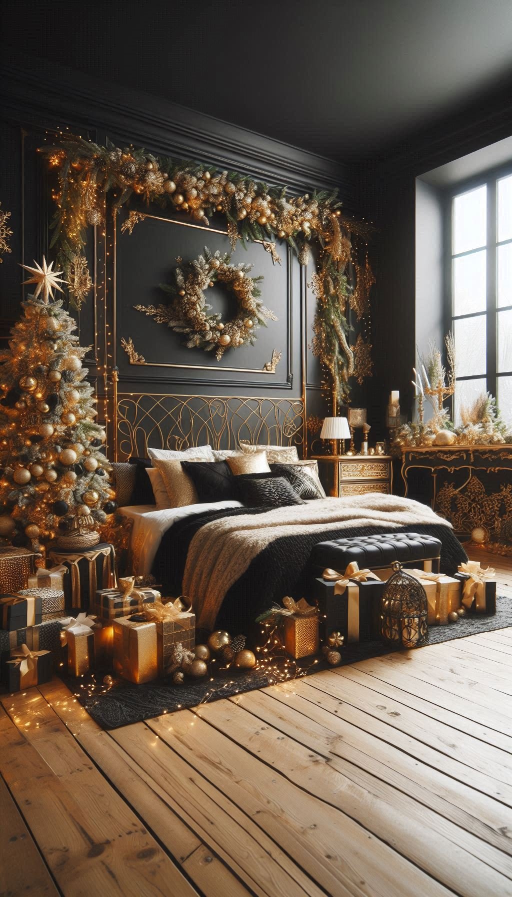 Christmas Bedroom Decorations: 95+ Absolutely Stunning Ideas | Pocoko Create a luxurious holiday retreat with black and golden Christmas bedroom decorations. Perfect for a warm and glamorous vibe!
