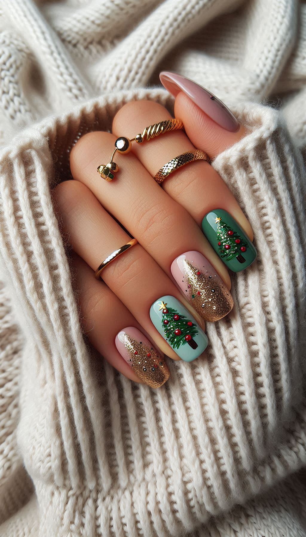 Spruce up your nails with festive Christmas tree art. Perfect for adding a touch of holiday cheer to your look!