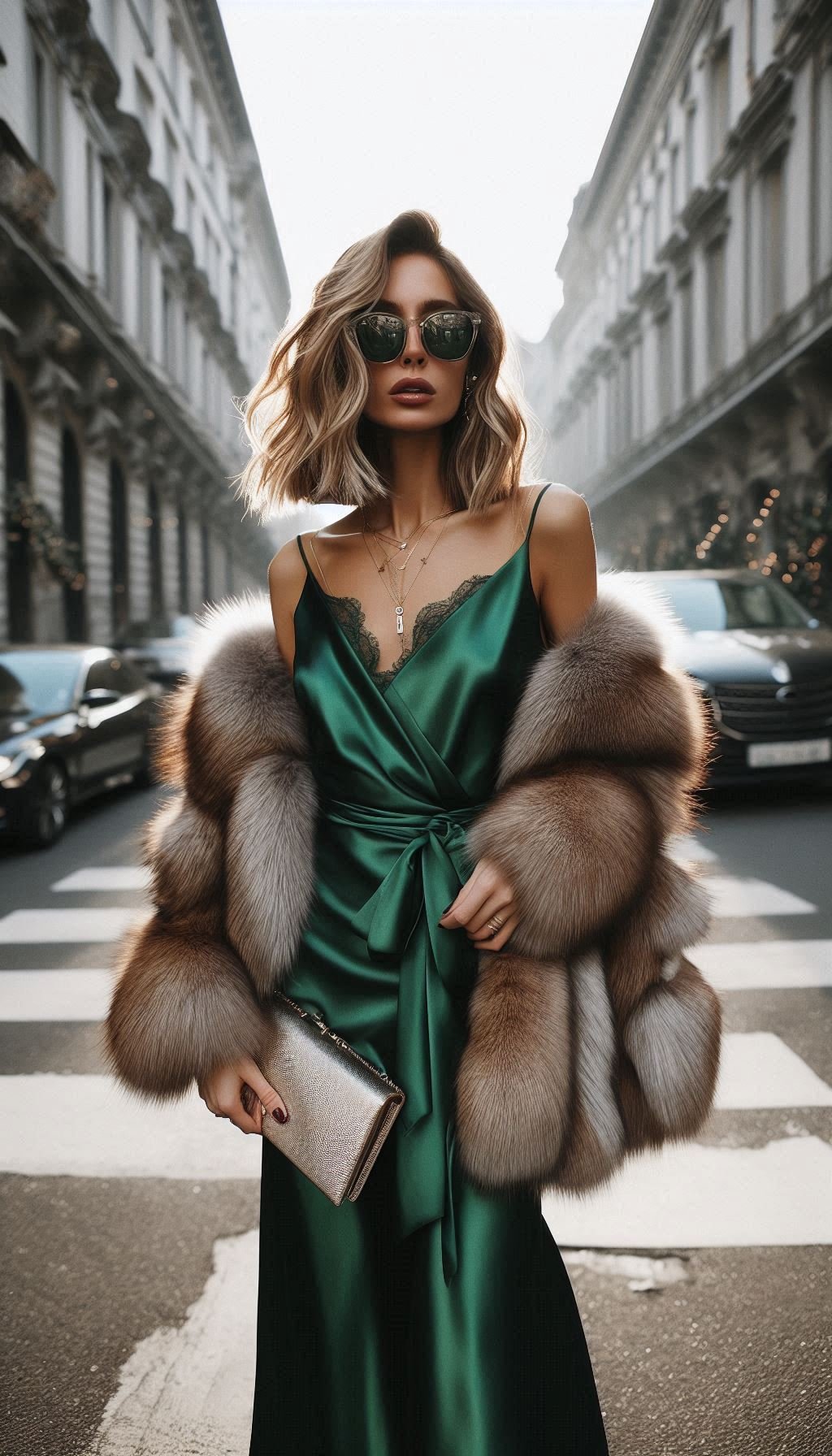 85 Effortlessly Chic Christmas Outfit Ideas That Slay | Pocoko Shine bright this holiday season in an emerald green satin dress. Elegant, festive, and perfect for making a statement at Christmas parties!