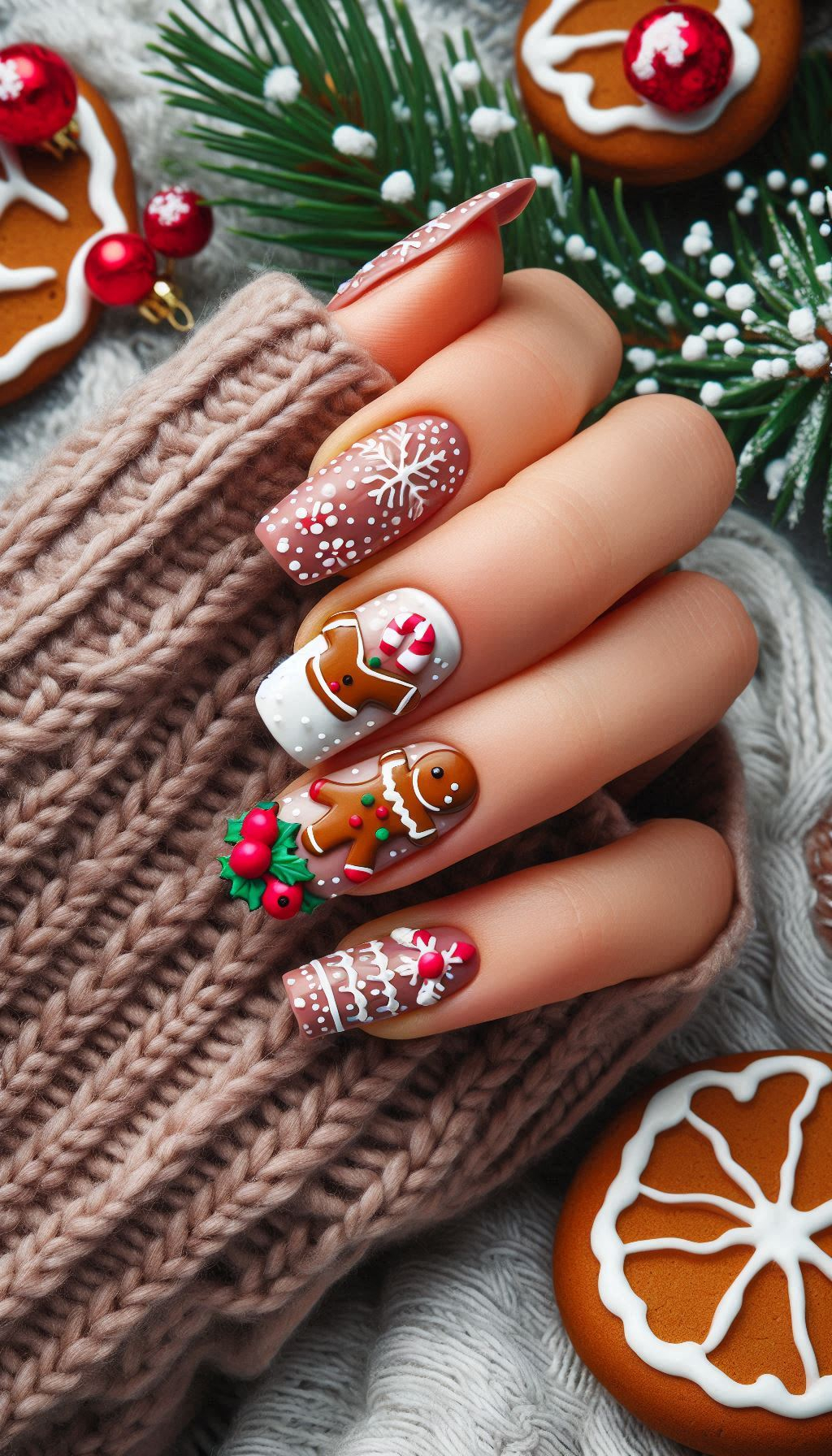 Sweeten up your holiday look with gingerbread man nails. Perfect for adding a touch of festive fun to your Christmas manicure!