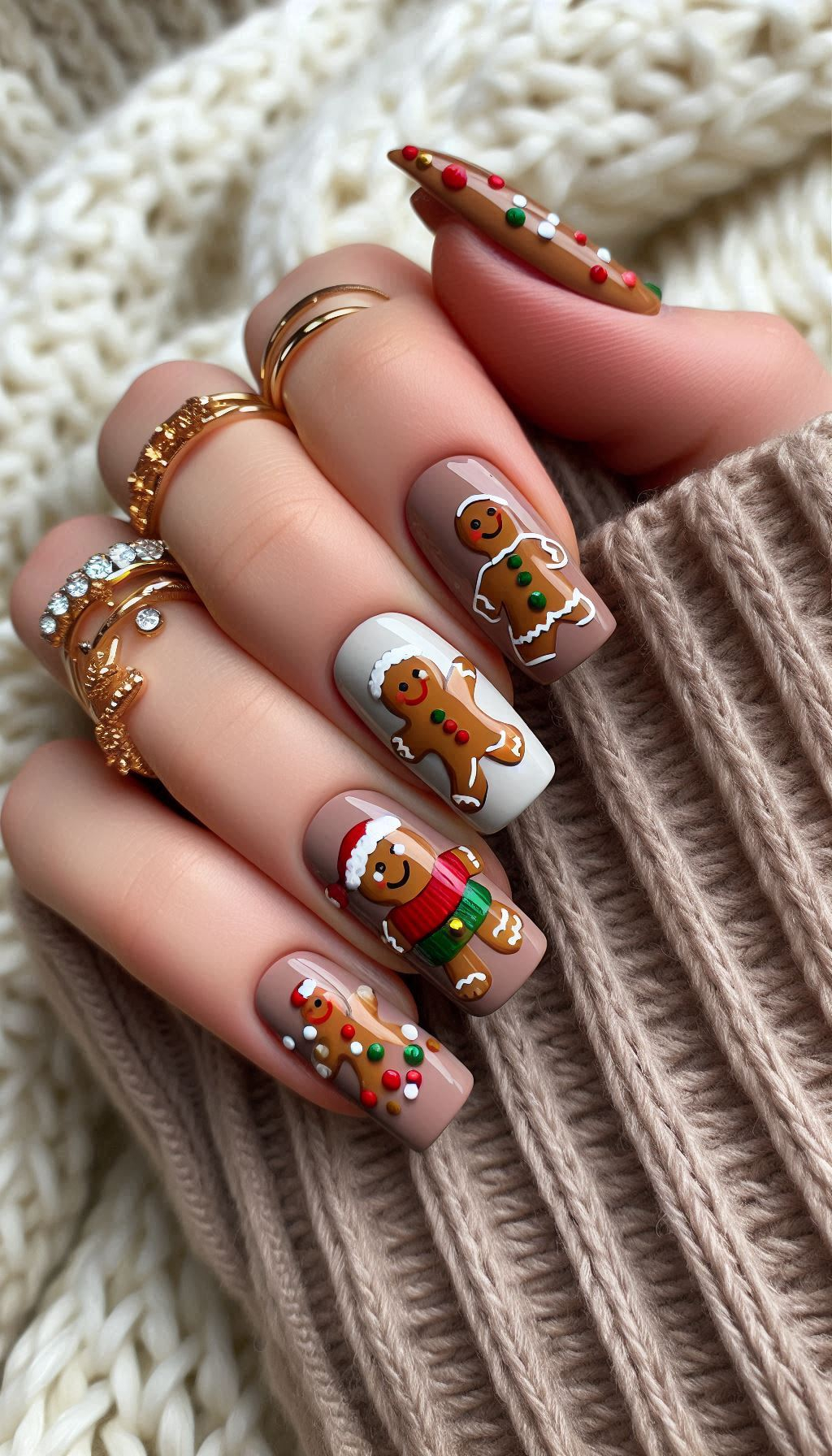 Get into the holiday spirit with adorable gingerbread man nail art. These Christmas nails are a delightful mix of cute and festive!